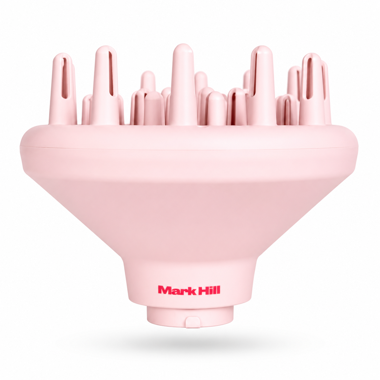 A light pink hair diffuser attachment with multiple silicone bristles, featuring the red 'Mark Hill' brand logo on the neck, set against a clean white background.