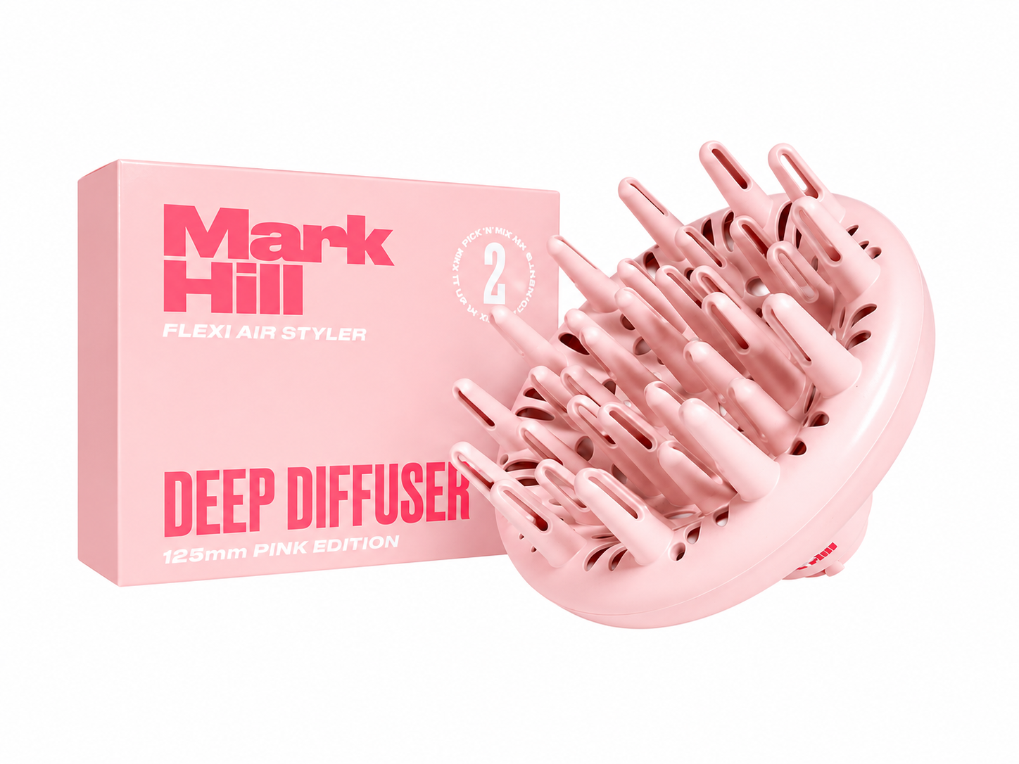 Pink Mark Hill Flexi Air Styler Deep Diffuser, 125mm Pink Edition, shown next to its retail packaging box on a solid white background.
