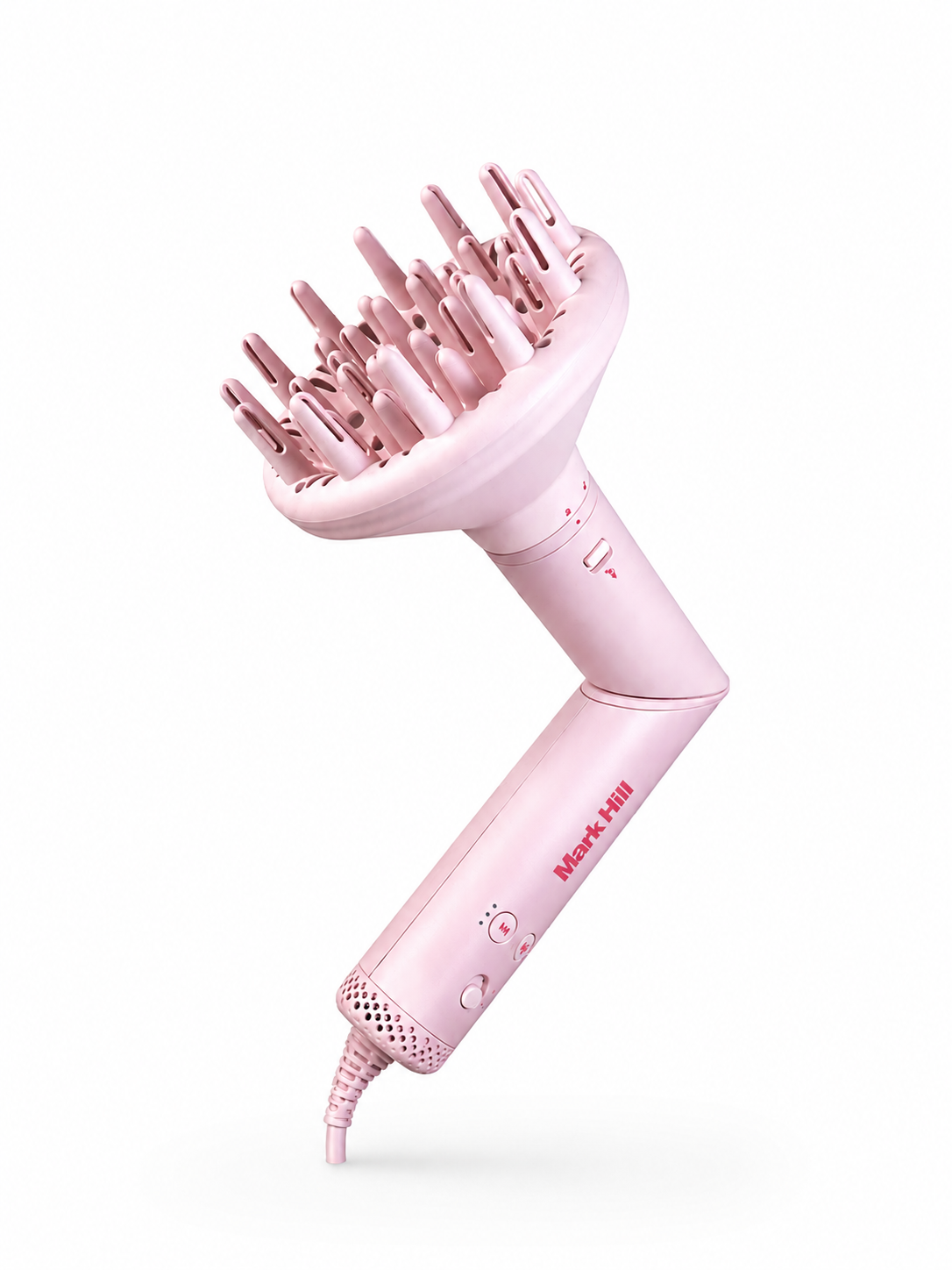 A 125mm pink hair diffuser attachment for the felxi air styler, shown on a clean white background. The handle features the 'Mark Hill' brand name in red.