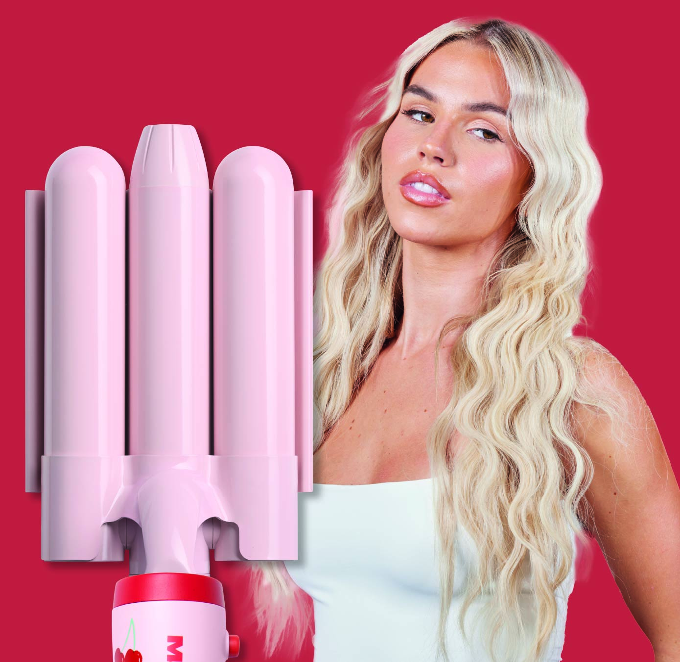 32mm Mermaid Waver & Handle, Cherry + Pink