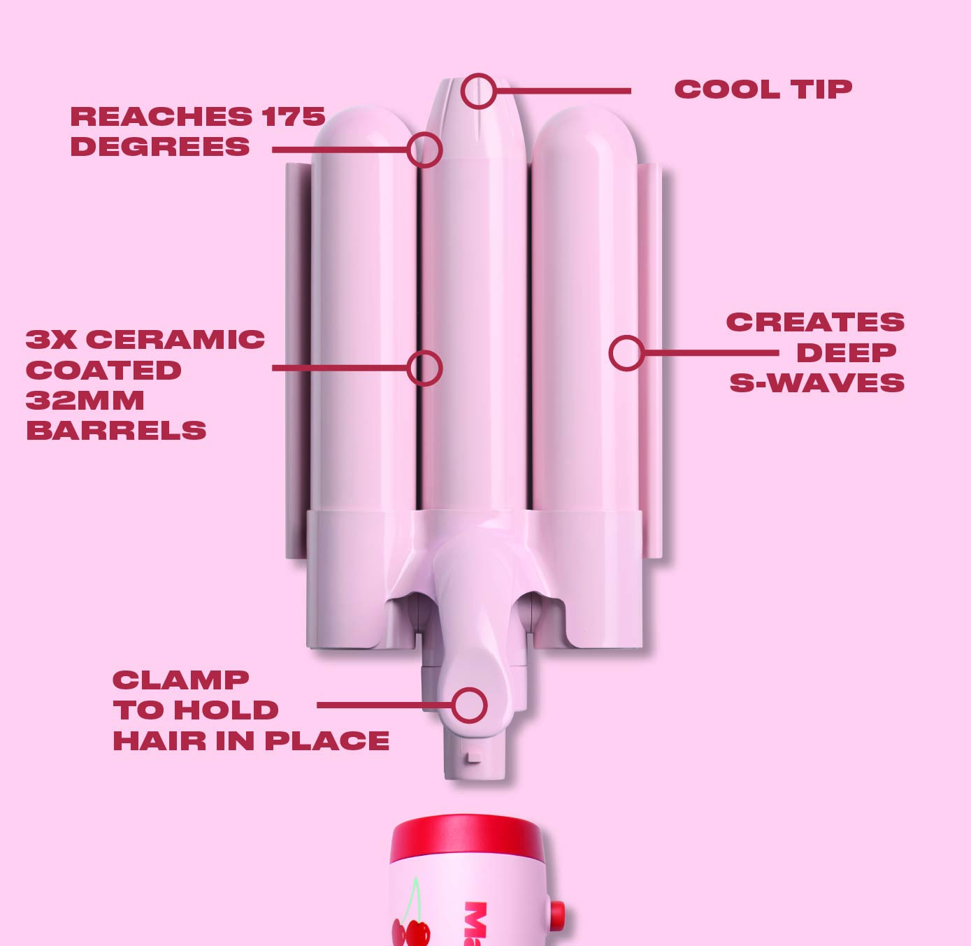 32mm Mermaid Waver & Handle, Cherry + Pink
