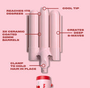 32mm Mermaid Waver & Handle, Cherry + Pink