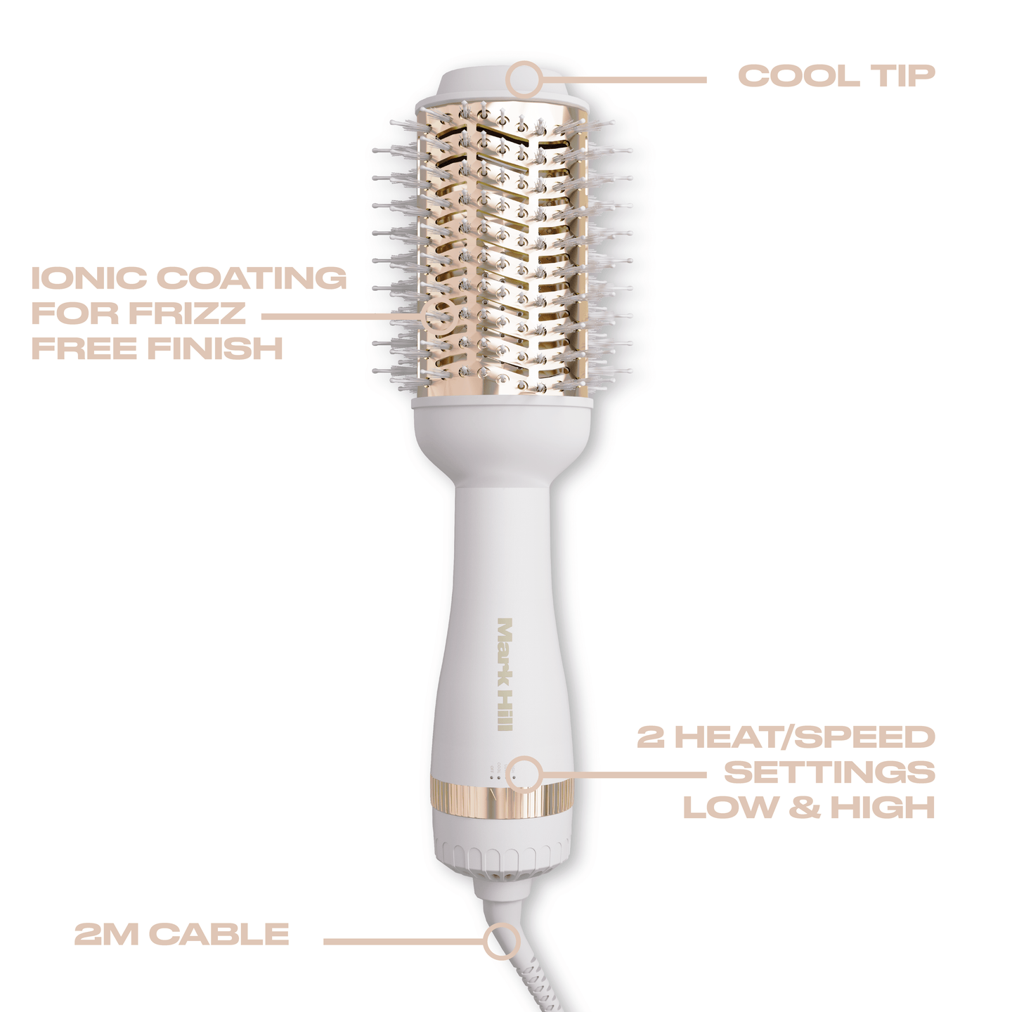 Hair styling tool with features highlighted on a white background