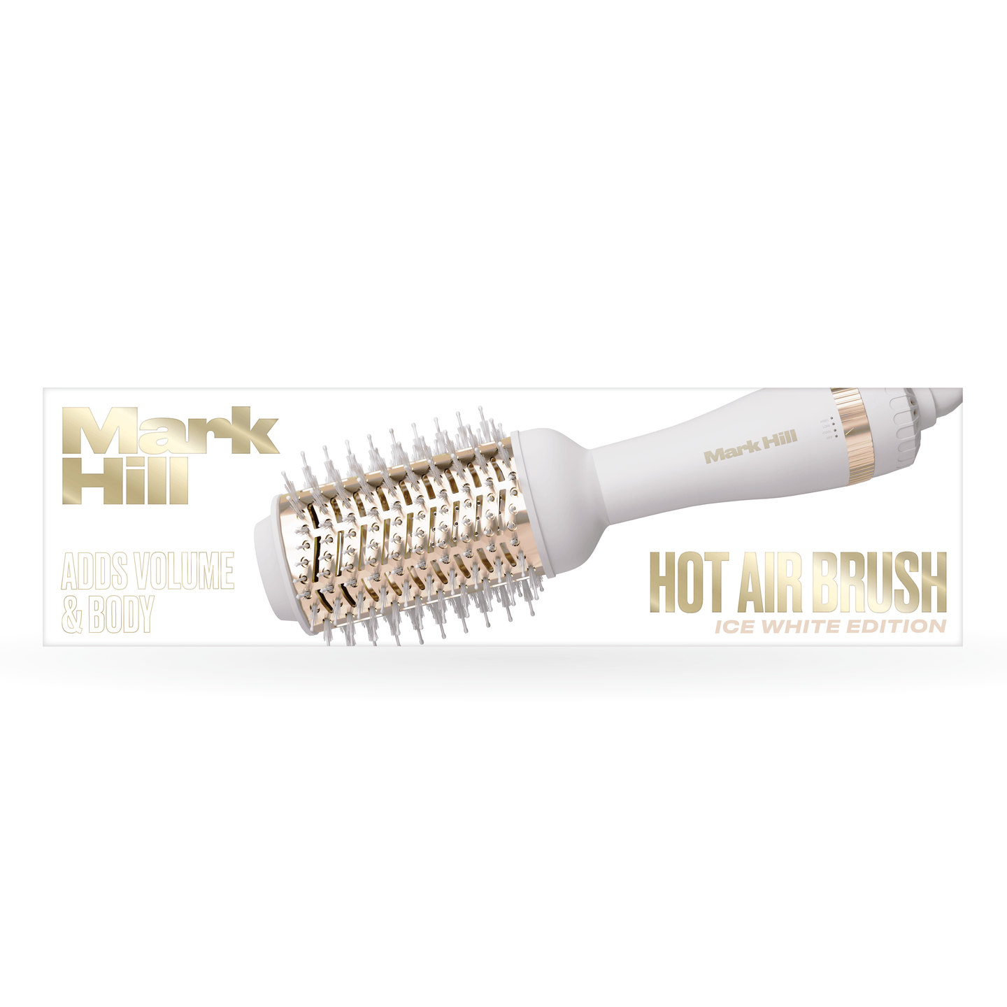 Hot air brush with gold accents on a white background