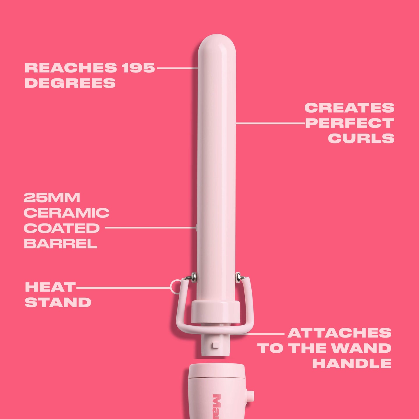 Pink hair styling tool with features highlighted on a pink background