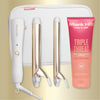Hair styling tools and Mark Hill Triple Threat heat protection cream on a beige background
