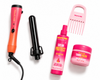 Mark & Hill styling kit with a black curling iron barrel, heat protection spray bottle, tamming polish, and a pink hair comb.
