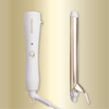 Hair tong with white handle and metallic body on a beige background