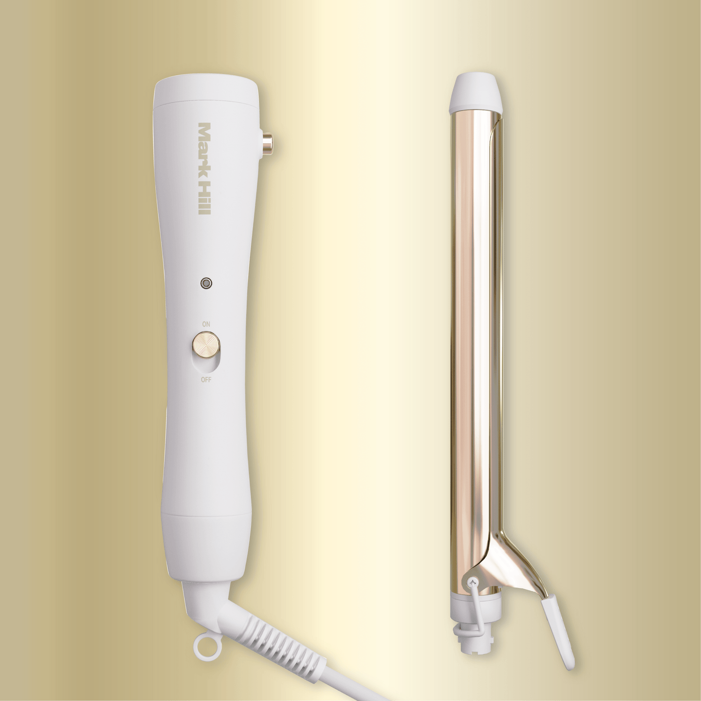Hair tong with white handle and metallic body on a beige background