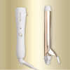 Hair tong with white handle and rose gold body on a beige background