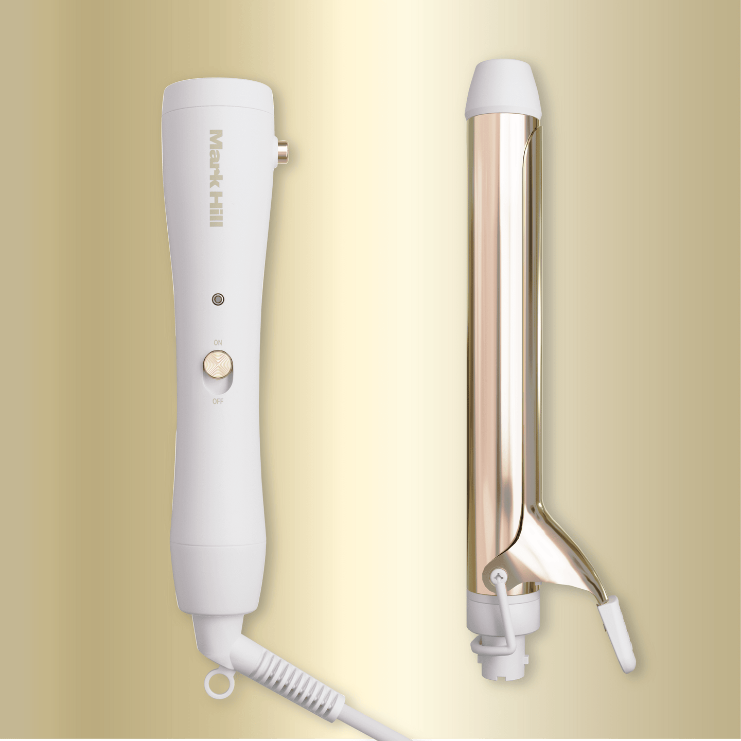 Hair tong with white handle and rose gold body on a beige background