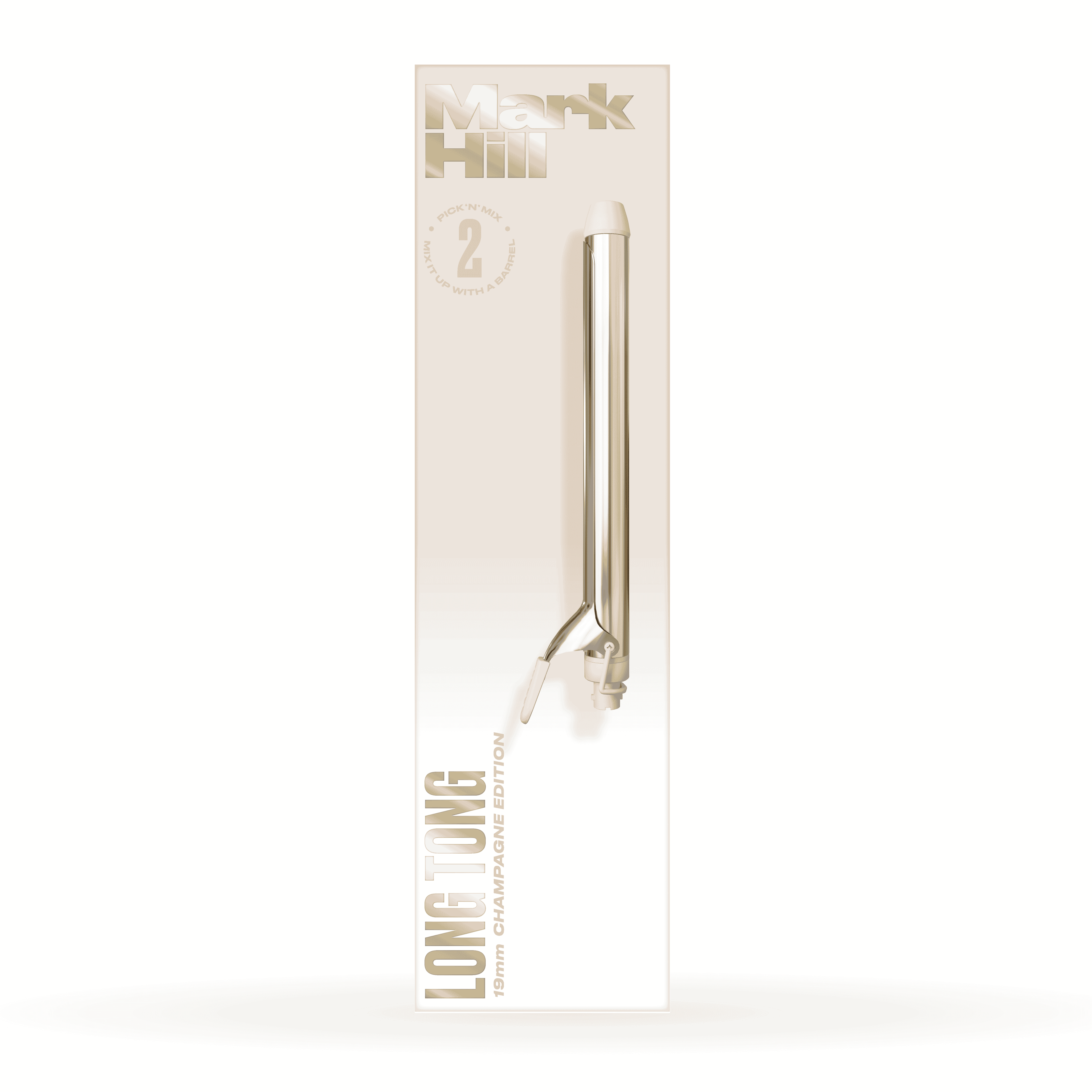 Packaged hair tong with 'Mark Hill' branding on a white background