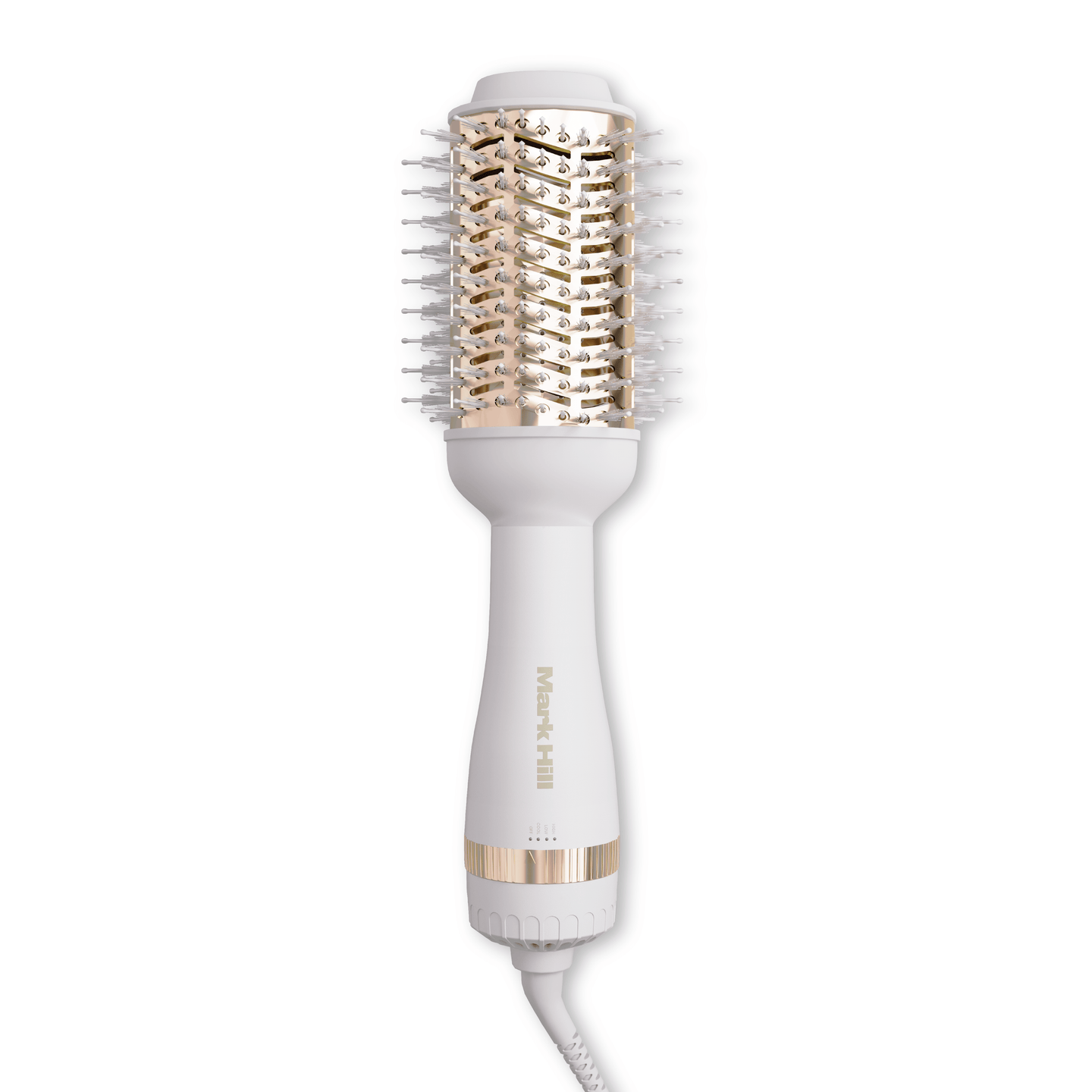 White and gold hair styling tool on a white background hot air brush