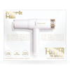 White hair dryer with gold accents on a white background, featuring 'Mark Hill' branding.