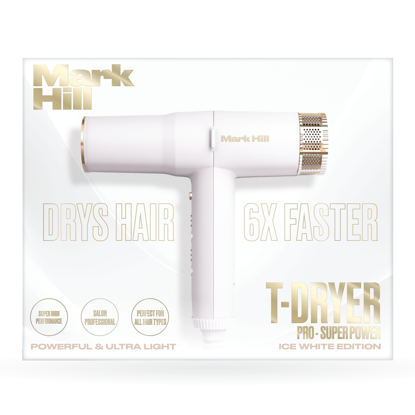 White hair dryer with gold accents on a white background, featuring 'Mark Hill' branding.