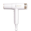 White hair dryer with gold accents on a white background