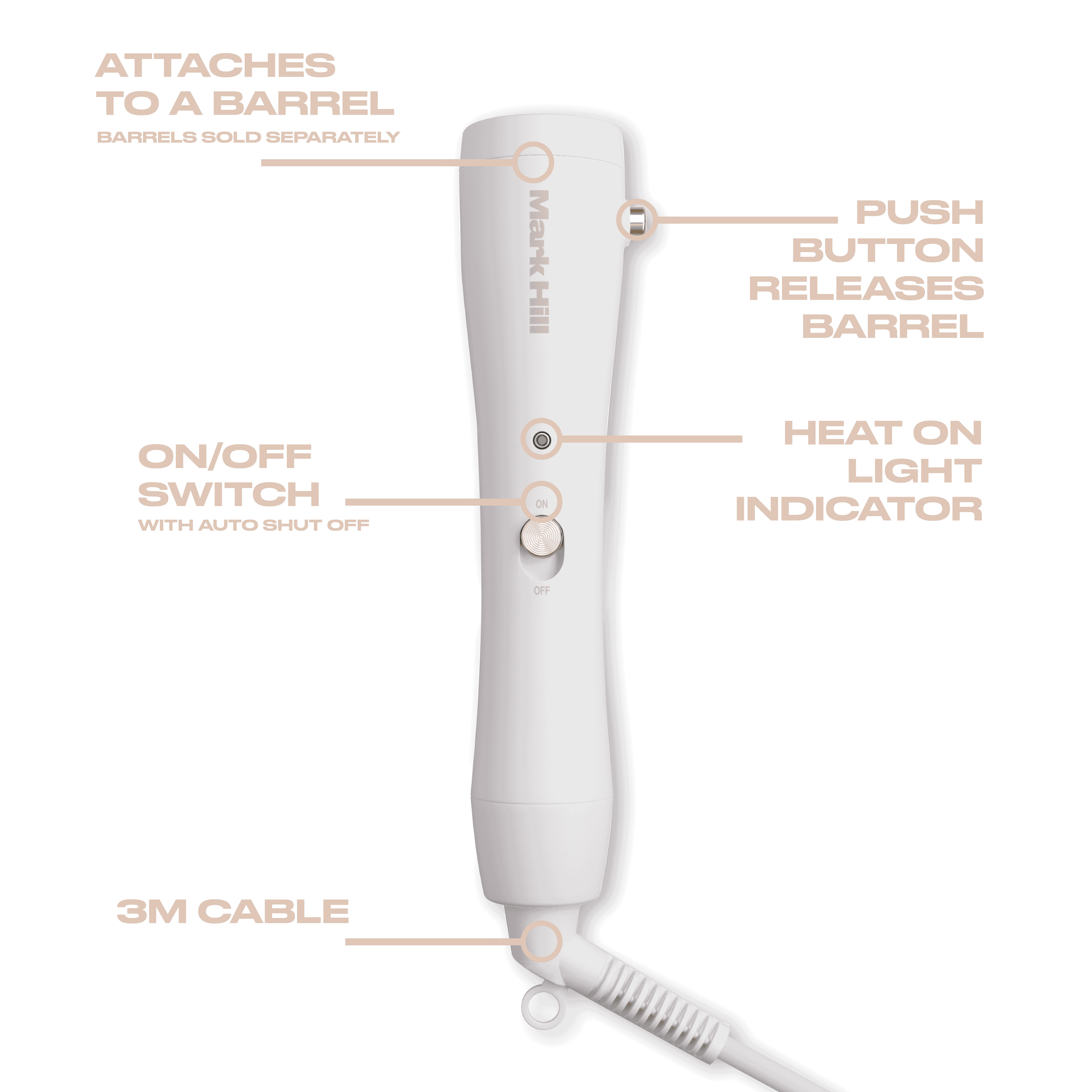 White hair curling wand handle with labeled features on a white background