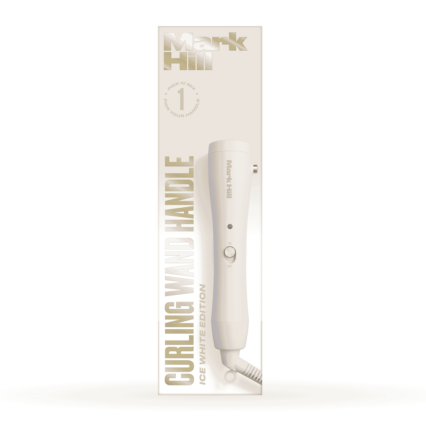 White curling wand handle with packaging on a white background