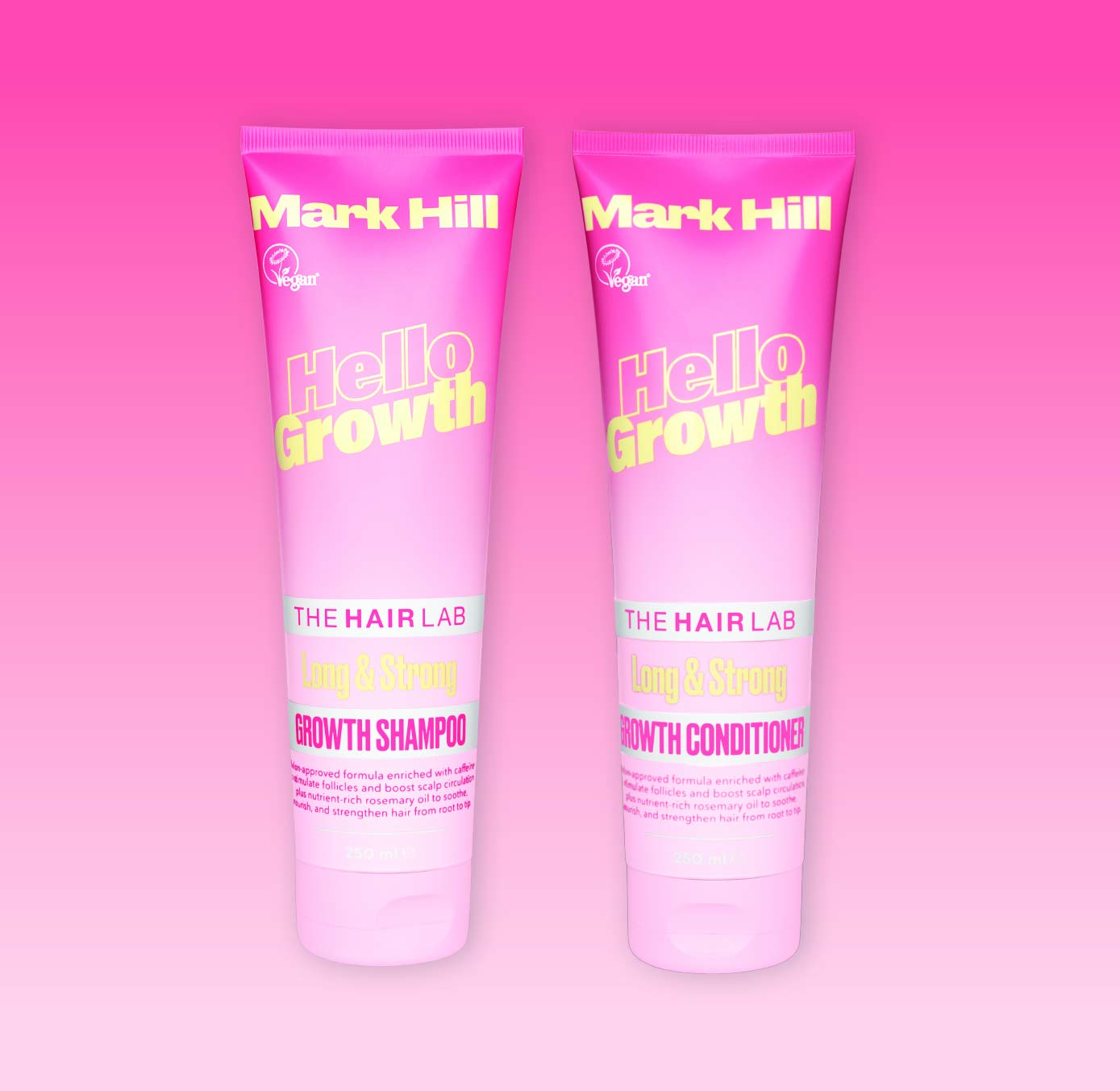 Two tubes of Mark Hill Hello Growth hair care products, one labeled as growth shampoo and the other as growth conditioner, against a pink background.