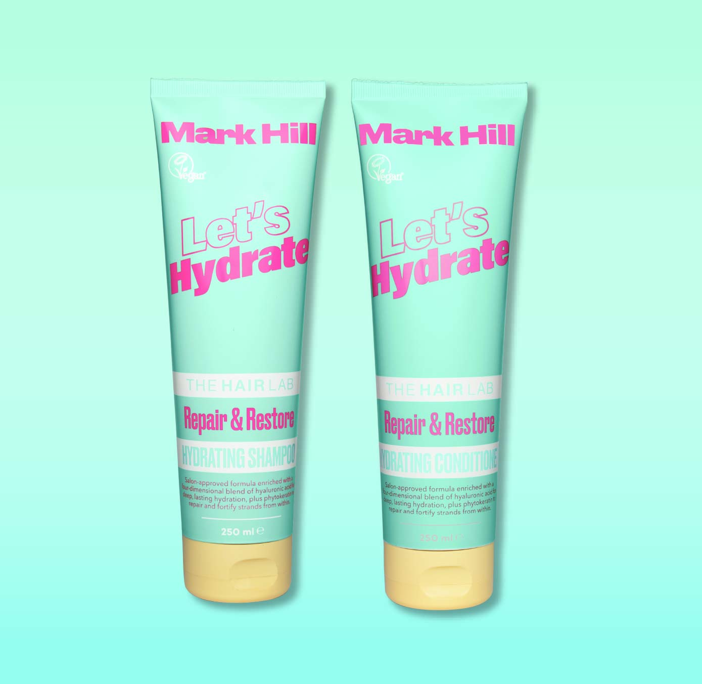 Two tubes of Mark Hill haircare products, labeled 'Let's Hydrate' for shampoo and conditioner, against a light blue background.